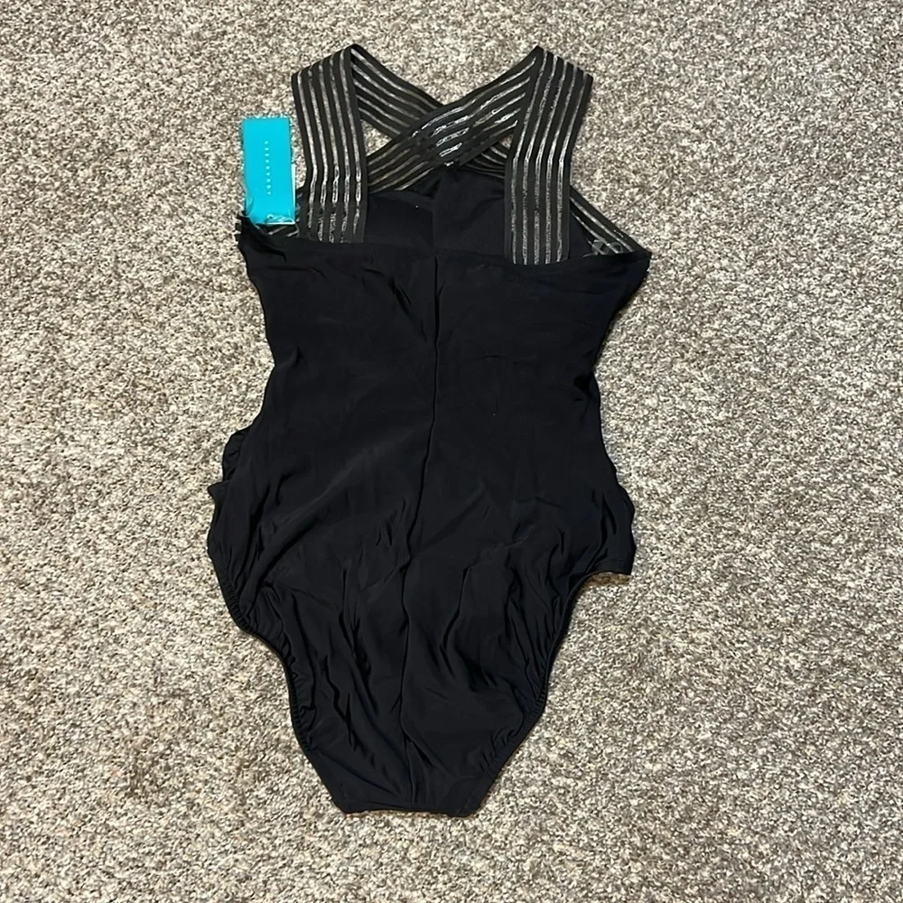 Aqua Green Black Crossover Neckline One Piece‎ Bathing Suit size Small